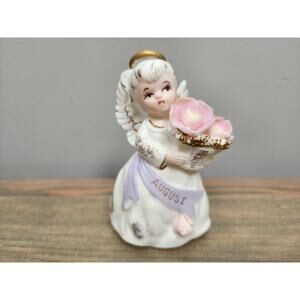 Vintage Lefton August Birthday Angel Figurine Spaghetti Trim Pink Roses #3332